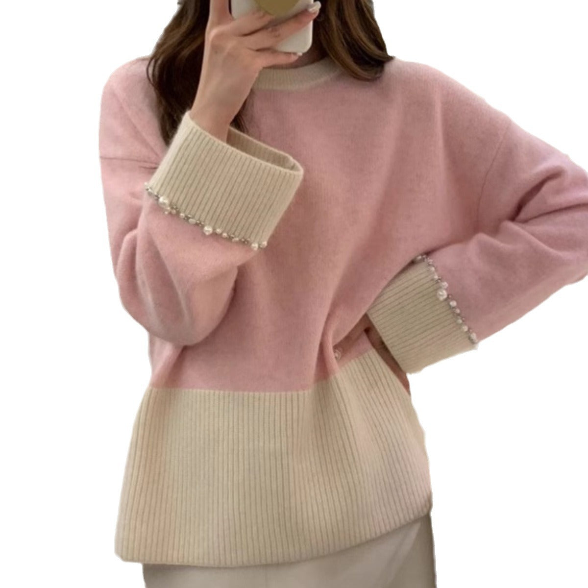 Pull en tricot à la mode pour femmes avec des manches ornées de perles Chic und Stil