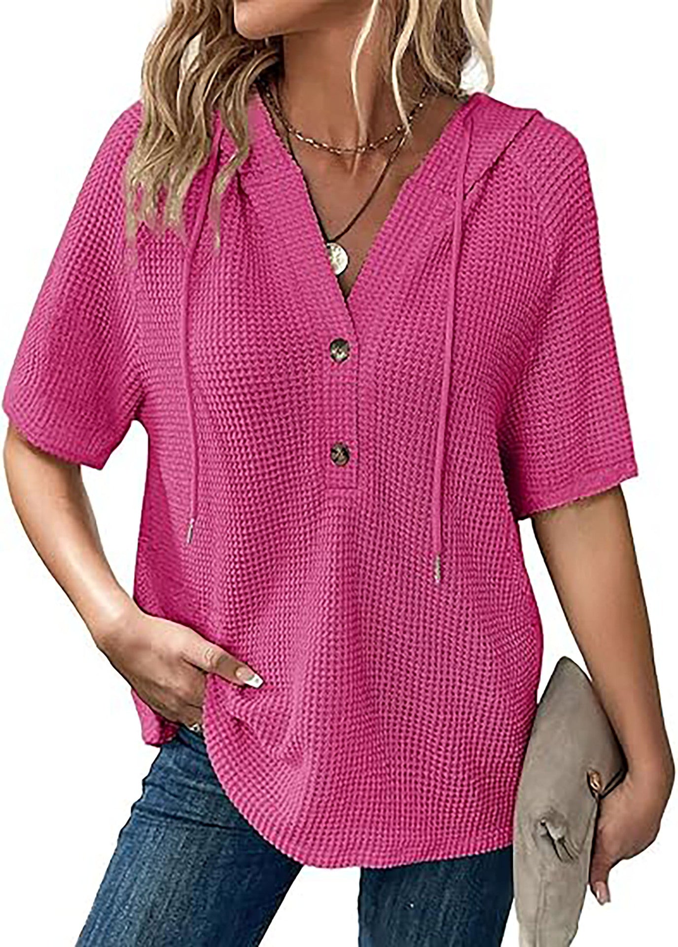 Women's short-sleeved waffle-knit blouse with hood and button placket Chic und Stil