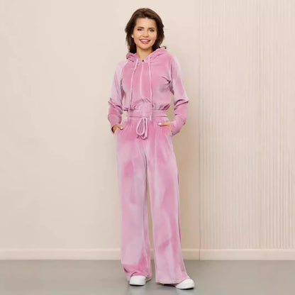 Dames Ensemble de loungewear en velours luxueux avec capuche et taille élastique Chic und Stil