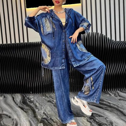 Fashionable women's jacket and pants set with chic animal print details