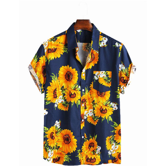 Chemise pour hommes à manches courtes avec motif coloré de tournesols et tissu en coton léger Chic und Stil