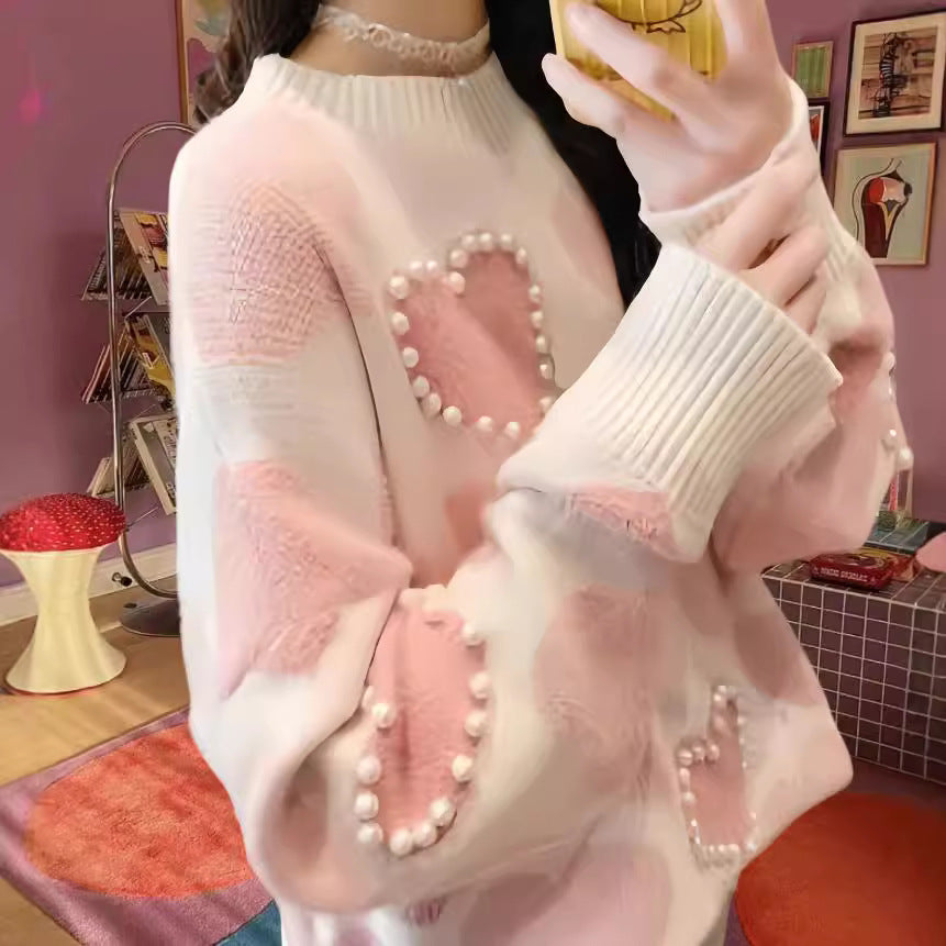 Dames Pull en tricot à motifs avec applications en forme de cœur et col en rib Chic und Stil