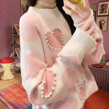 Dames Pull en tricot à motifs avec applications en forme de cœur et col en rib Chic und Stil
