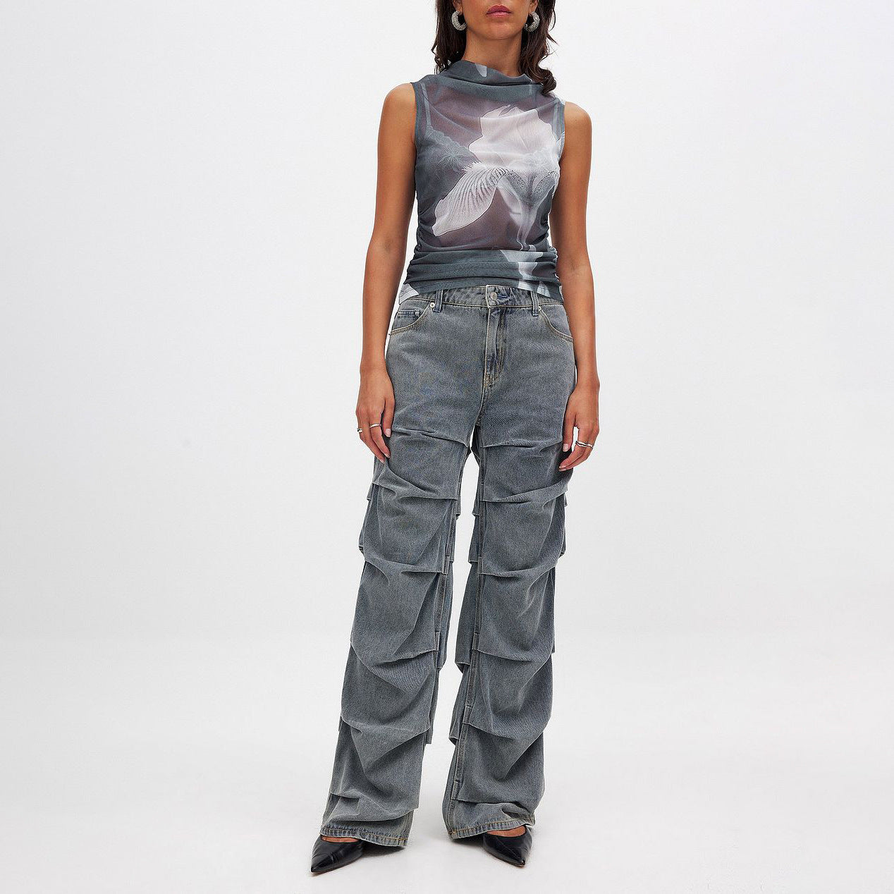 Dames décontractées jeans large avec des détails de volants à la mode Chic und Stil