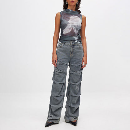 Dames décontractées jeans large avec des détails de volants à la mode Chic und Stil