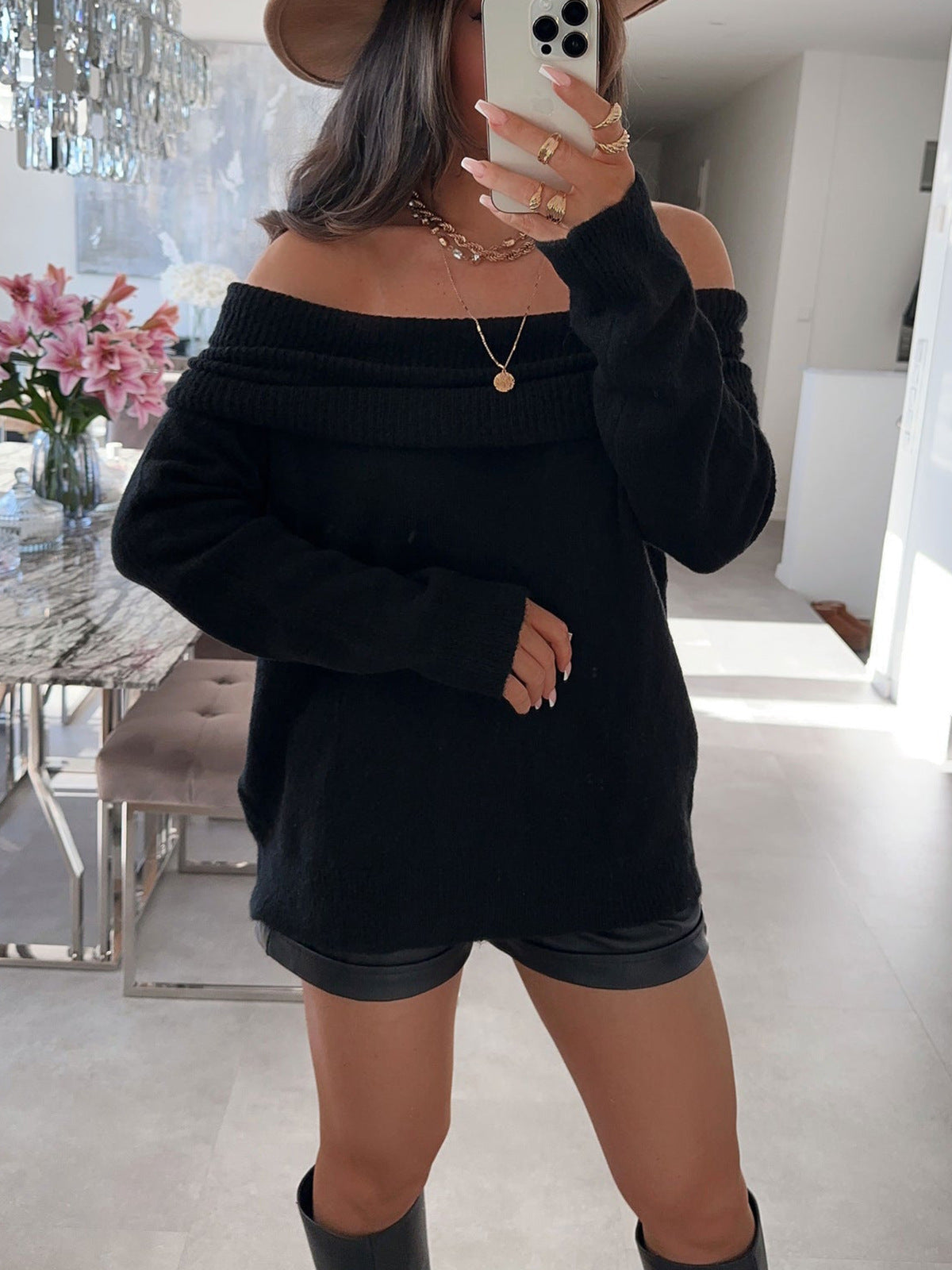 Pull-over décontracté pour femmes à épaules dénudées avec structure côtelée Chic und Stil