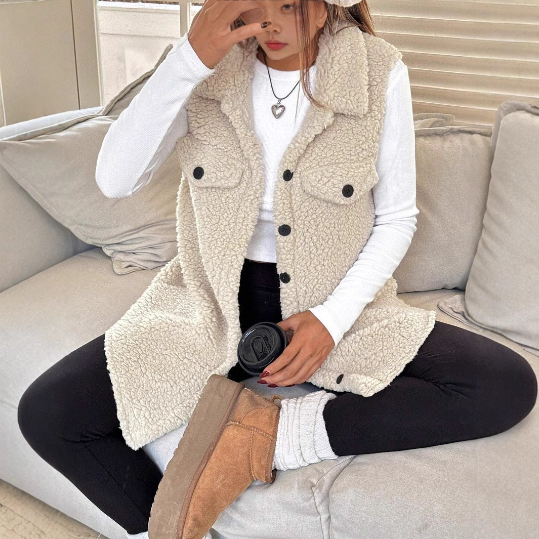 Dames gilet doux en tissu teddy avec poches pratiques Chic und Stil