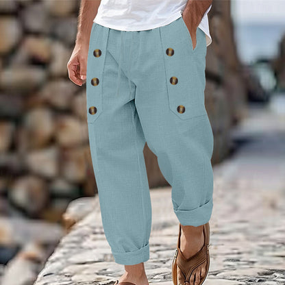 Casual linen cargo pants for men with practical buttons and side pockets Chic and Style