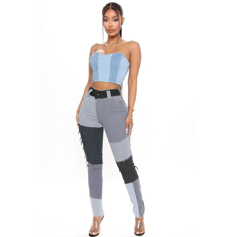 Women's jeans pants with trendy patchwork design, high waist and fitted cut Chic and Style
