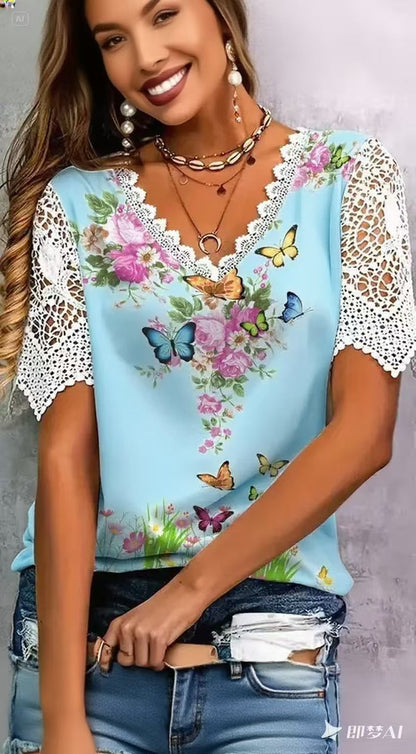 Blouse femme avec dentelle florale et imprimé papillon ludique Chic und Stil
