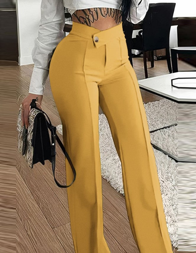 Ladies Elegant High Waist Pants with Decorative Button Details Chic and Style