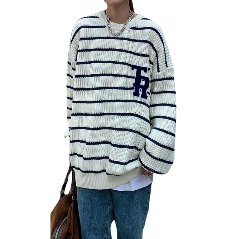 Pull en tricot surdimensionné décontracté pour femmes avec des rayures cassées et une poche poitrine Chic und Stil