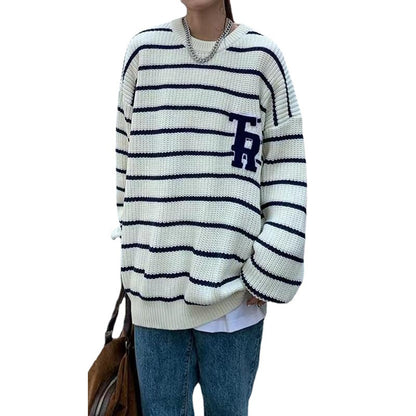 Pull en tricot surdimensionné décontracté pour femmes avec des rayures cassées et une poche poitrine Chic und Stil