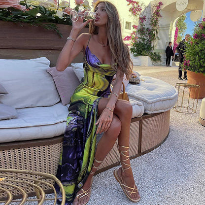 Dames Élégante Robe Maxi à Bretelles Spaghetti Fente Haute Chic und Stil