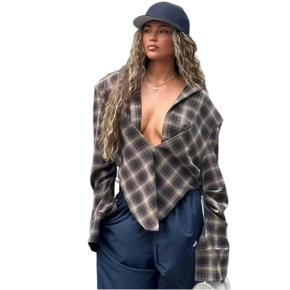 Chemisier oversized à carreaux pour femmes avec décolleté en V profond et coupe décontractée Chic und Stil