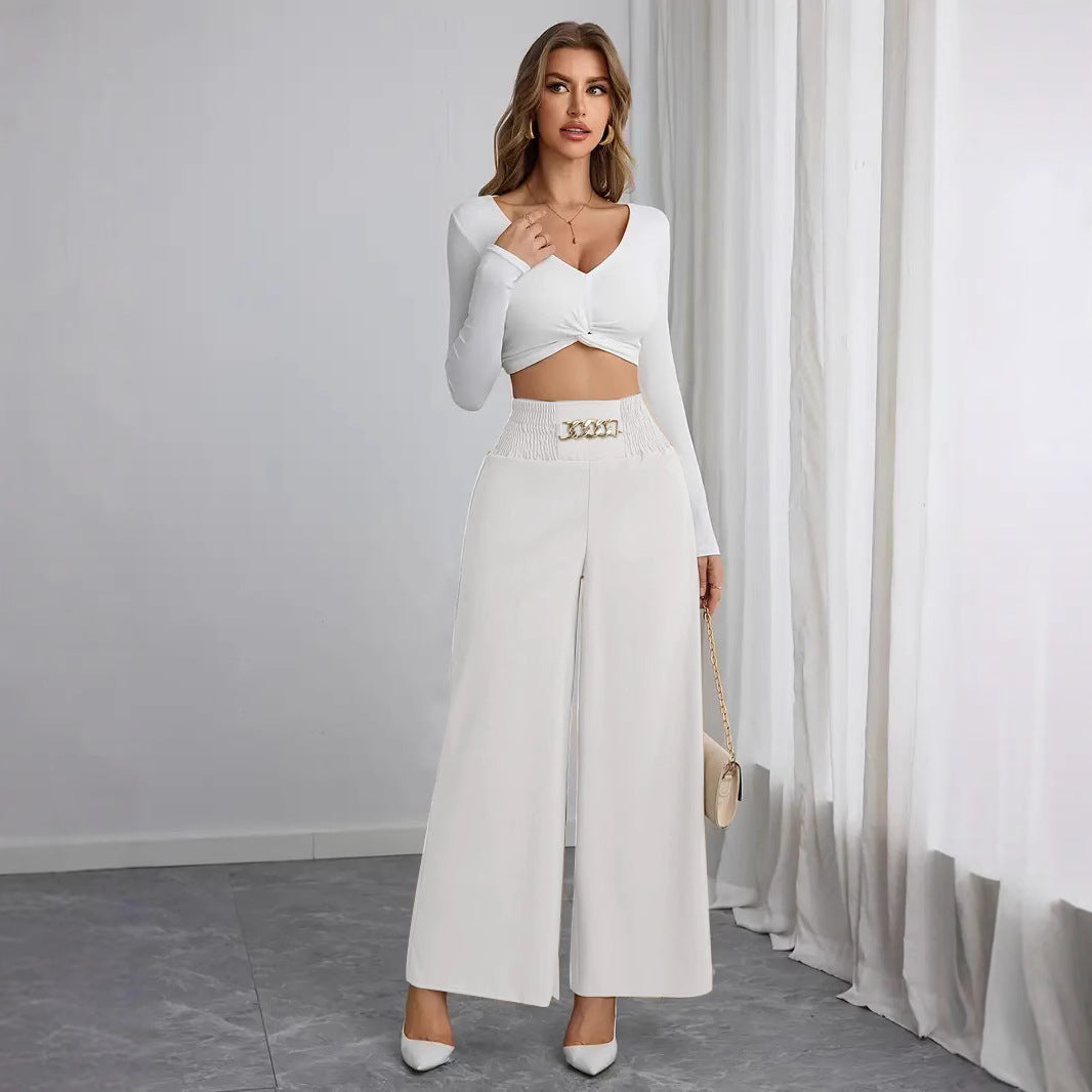 High-waisted wide-leg pants for women with decorative elastic and a trendy belt Chic and Style