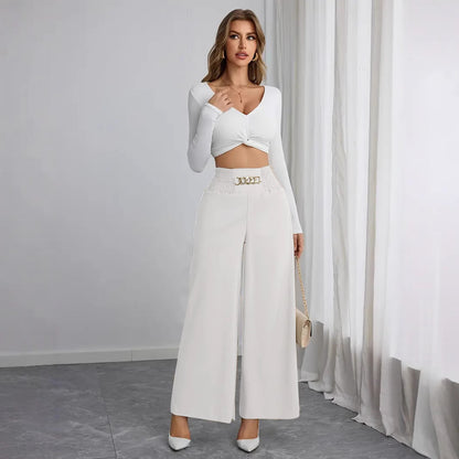High-waisted wide-leg pants for women with decorative elastic and a trendy belt Chic and Style