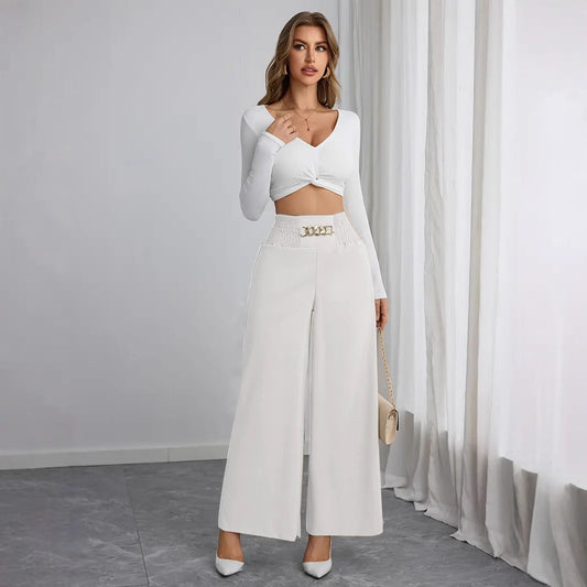 High-waisted wide-leg pants for women with decorative elastic and a trendy belt Chic and Style