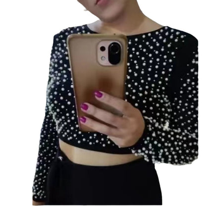 Dames Élégant Haut-Crop à Manches Longues avec Garniture de Perles Chic und Stil