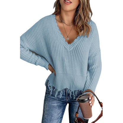 Femme Pull en tricot décontracté avec décolleté en V et ourlet à franges Chic und Stil