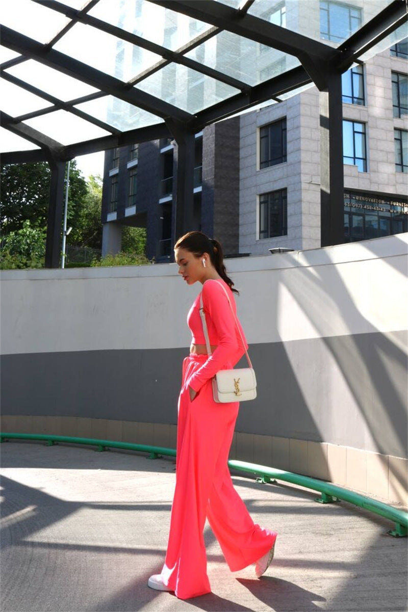 Ladies trendy top with high waist wide pants chic and style