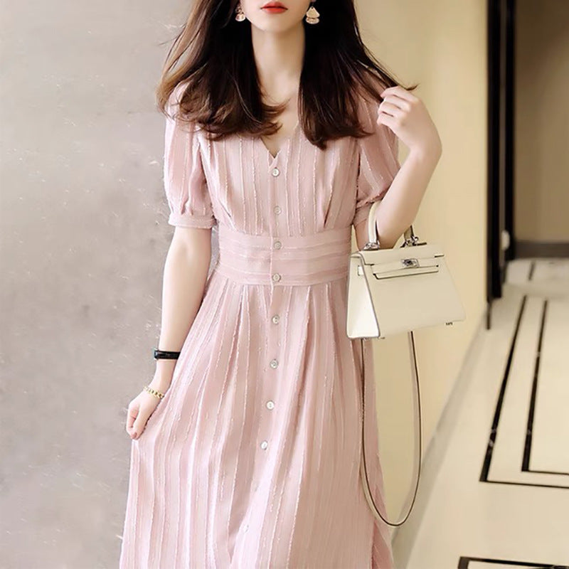 Robe midi A-line à manches bouffantes avec boutons pour femmes Chic und Stil