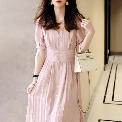 Robe midi A-line à manches bouffantes avec boutons pour femmes Chic und Stil