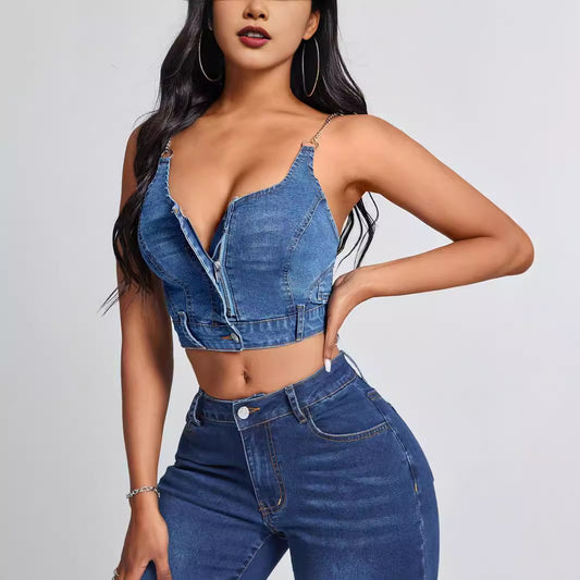 Top en denim cropped pour femme avec décolleté en V et détails de boutons Chic und Stil