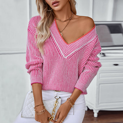 Pull-over en tricot pour femmes avec décolleté en V et design rayé Chic und Stil