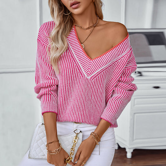 Pull-over en tricot pour femmes avec décolleté en V et design rayé Chic und Stil