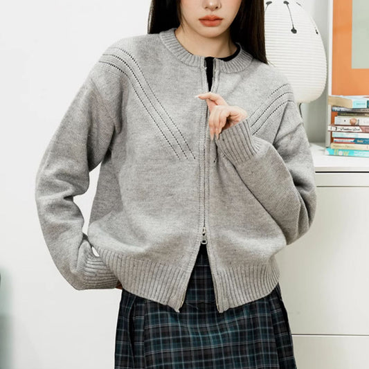 Dames gilet en tricot douillet avec fermeture éclair moderne et joli design structuré Chic und Stil