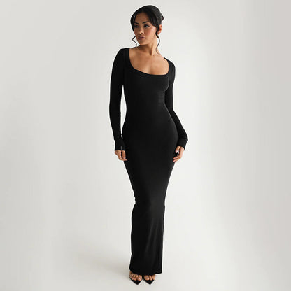 Dames Élégante robe longue avec décolleté en U profond et manches longues Chic und Stil