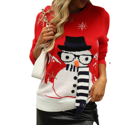 Pull en tricot de Noël pour femmes avec un motif de bonhomme de neige joyeux et une écharpe rayée Chic und Stil