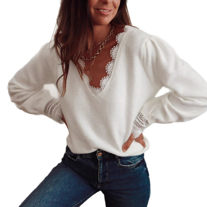 Pull en tricot pour femmes avec col en dentelle et manches bouffantes Chic und Stil