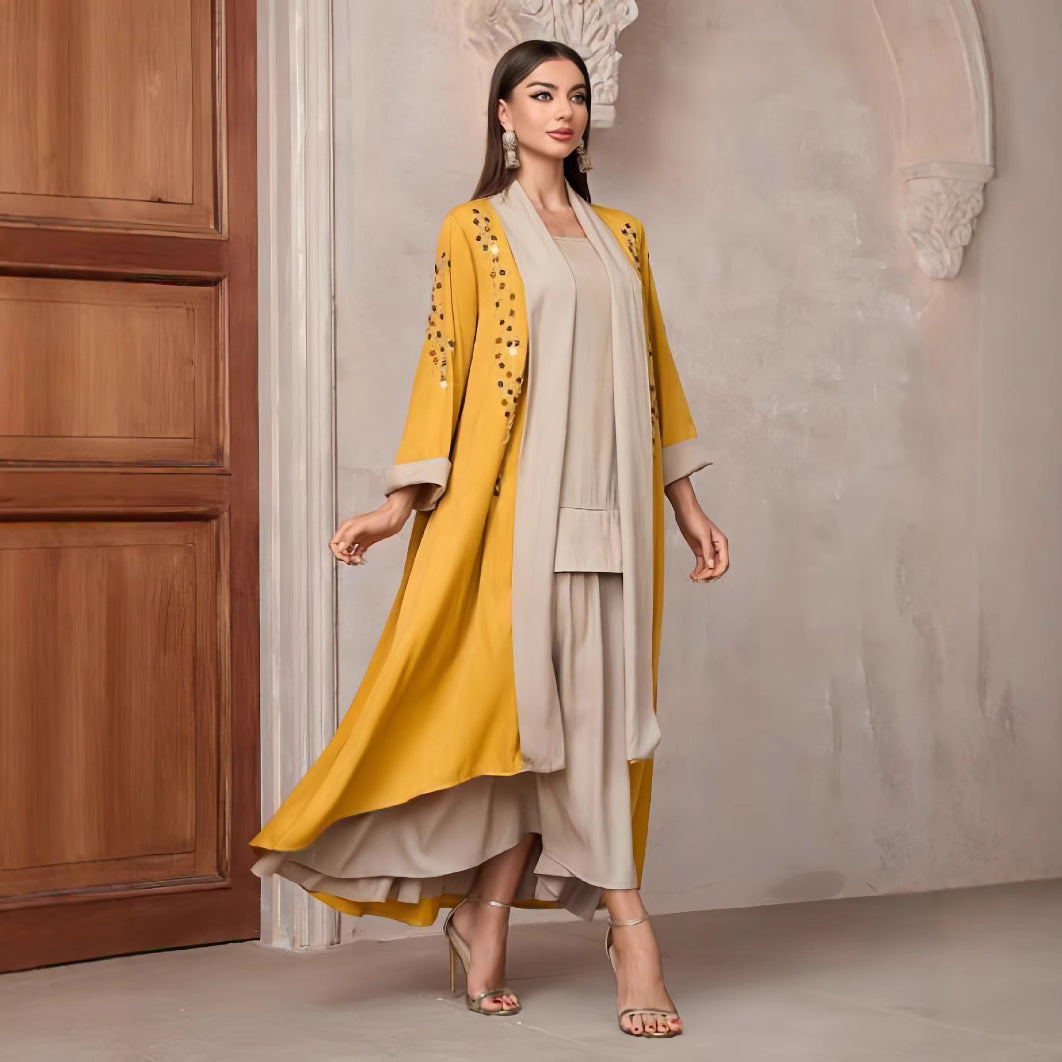 Dames Élégante longue veste Kaftan avec accent floral Chic und Stil