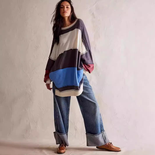 Ladies Casual Oversized Knit Pullover with Chic and Stylish Color Combination