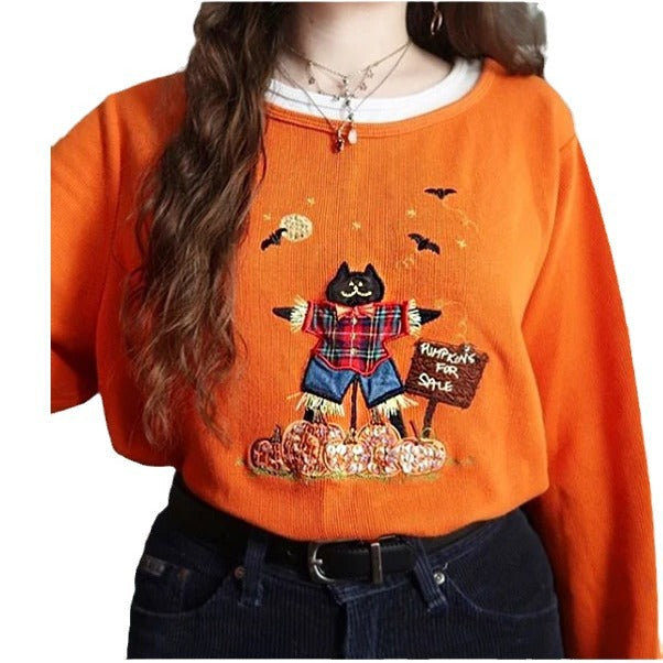 Pull décontracté d'Halloween pour femmes avec motif de chat coloré et broderies Chic und Stil