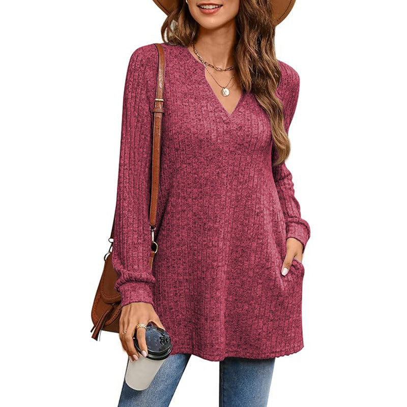 Pull tunique à col V côtelé pour femme Chic und Stil