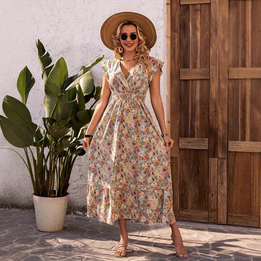 Robe maxi pour femmes avec design floral et décolleté en V décontracté Chic und Stil
