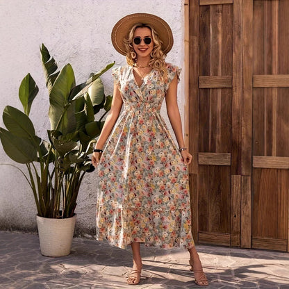 Robe maxi pour femmes avec design floral et décolleté en V décontracté Chic und Stil