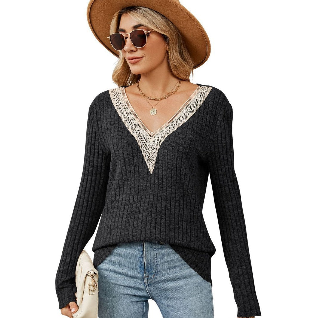Pull en tricot pour femmes avec encolure en V et dentelle romantique Chic und Stil