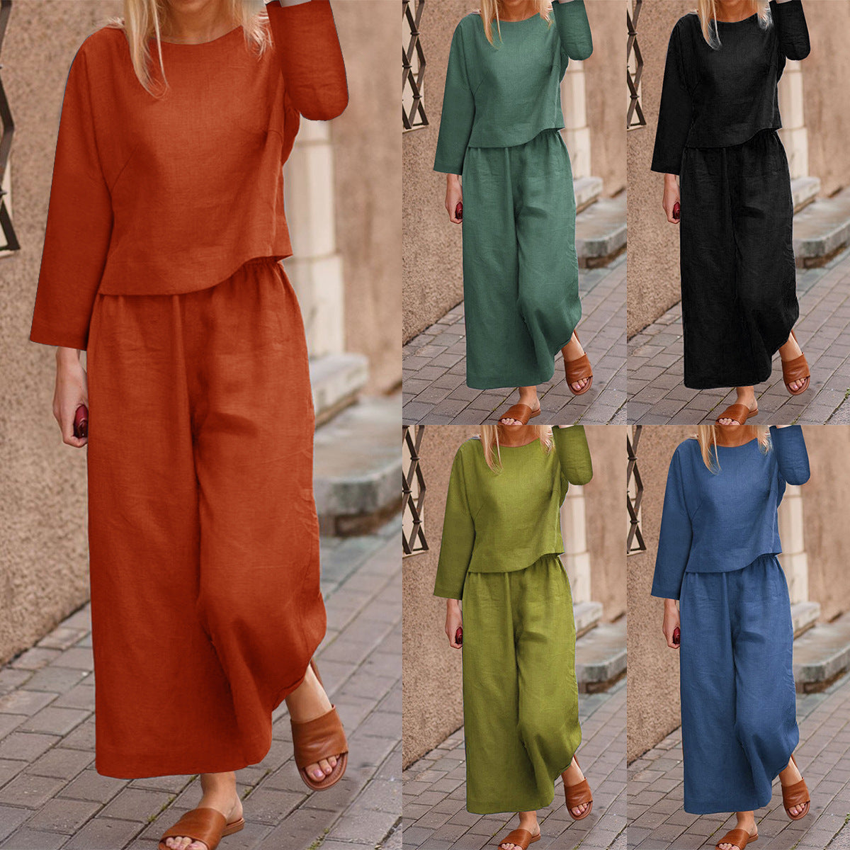Chic and Style women's long sleeve linen casual set with wide pants