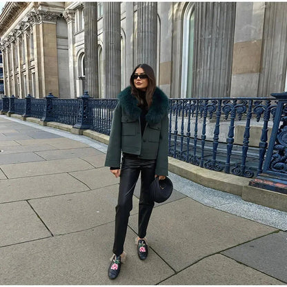 Dames élégante veste en laine avec col en fausse fourrure luxueuse Chic und Stil