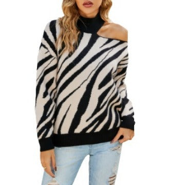 Pull femme à motifs avec décolleté asymétrique et tricot côtelé Chic und Stil