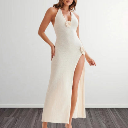 Dames Élégante Robe Maxi avec Fente Haute et Applications Florales Décoratives Chic und Stil