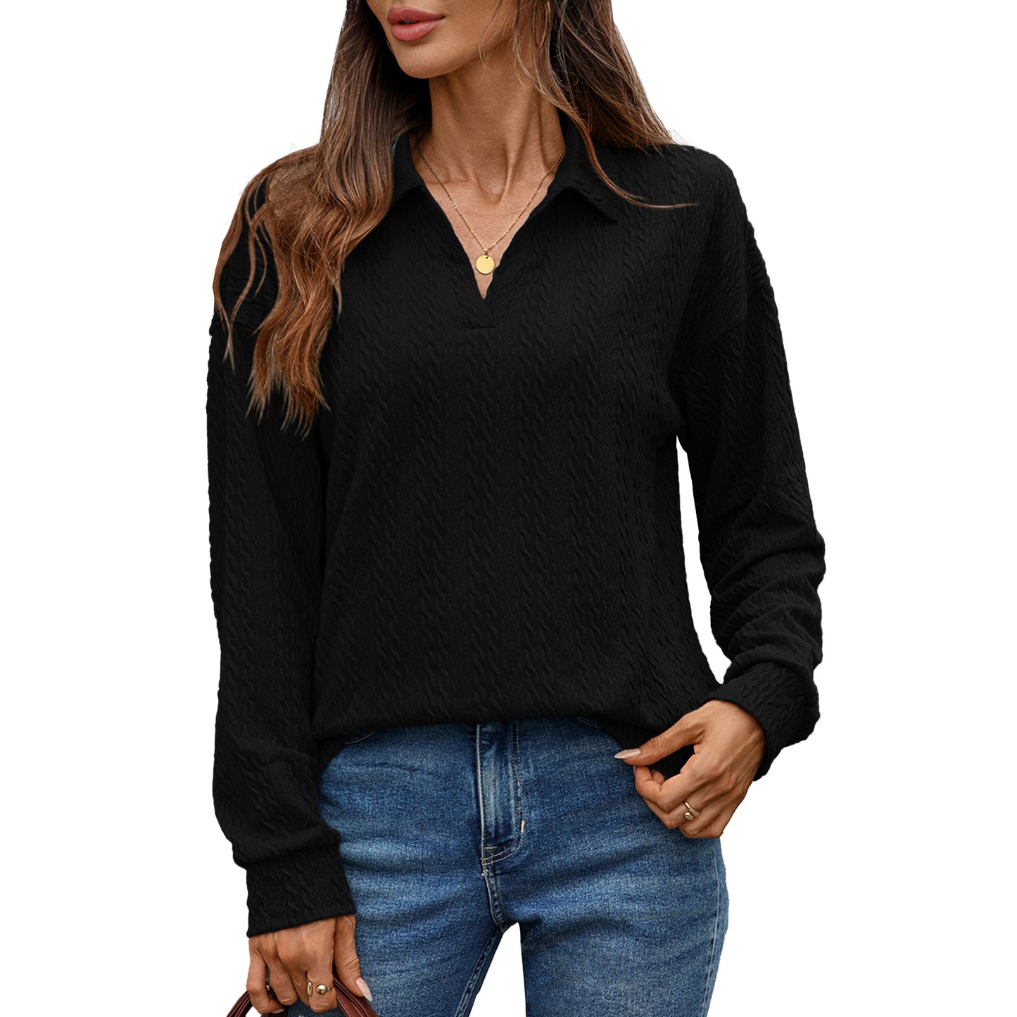 Chemise polo à manches longues pour femmes avec surface tricotée structurée Chic und Stil