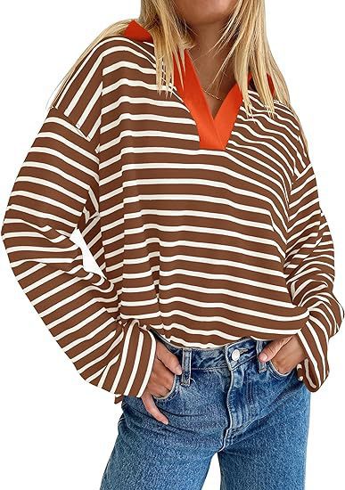 Pull d'été décontracté à rayures pour femmes avec décolleté en V et manches longues Chic und Stil