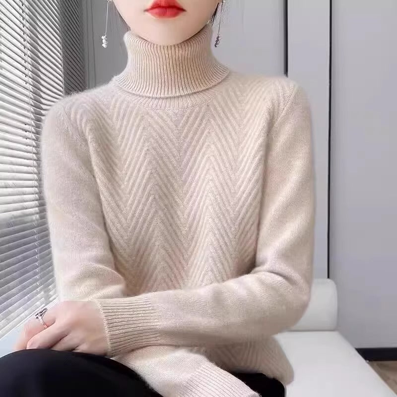Dames pull élégant en tricot avec col montant et fine structure côtelée Chic und Stil