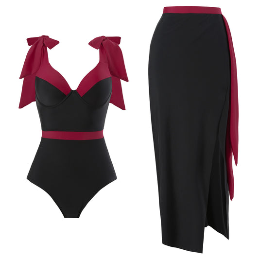 Maillot de bain élégant pour femmes avec jupe enveloppante amovible et nœuds assortis Chic und Stil