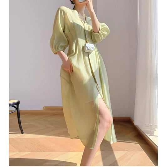 Robe midi élégante pour femmes avec manches bouffantes Chic und Stil
